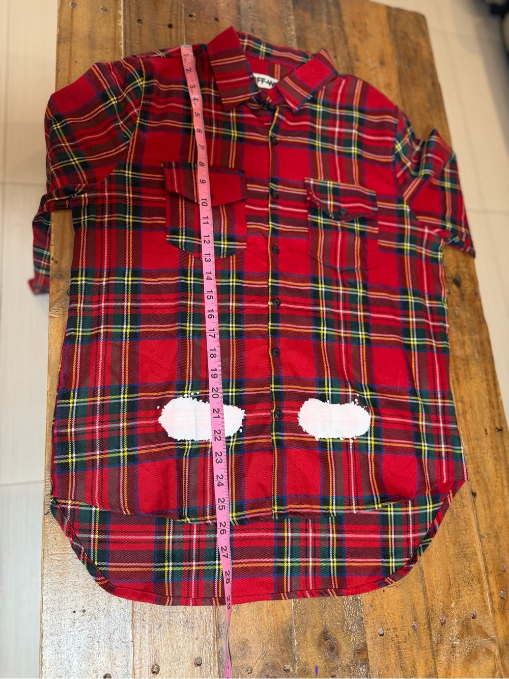 Off-White Red Tartan Plaid Button-Down Shirt with White Graphic Back - Picture 13 of 15